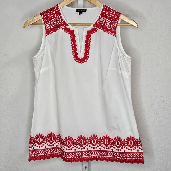 Talbots Petites Sleeveless Blouse Red Embroidered White Top Boho Cotton Size Sm - Picture 1 of 5